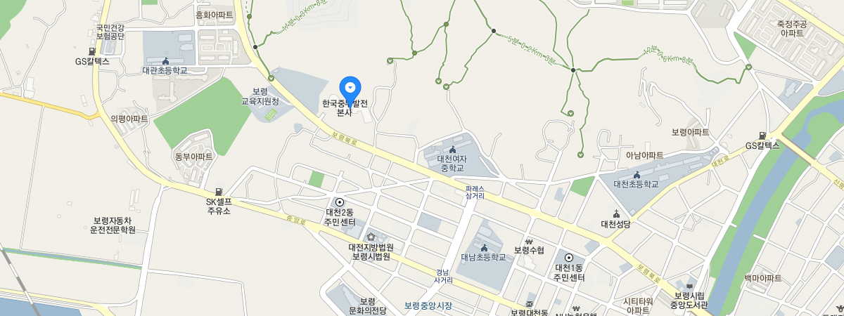 한국중부발전 본사 약도 - 대천여자중학교에서 보령교육지원청 방향으로 보령북로를 이동하다 우측에 위치합니다.